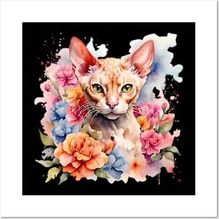 A devon rex cat decorated with beautiful watercolor flowers Posters and Art